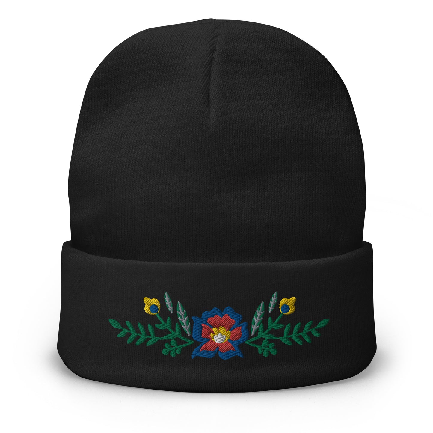 Knit Beanie - Scandinavian Floral - Machine Embroidered