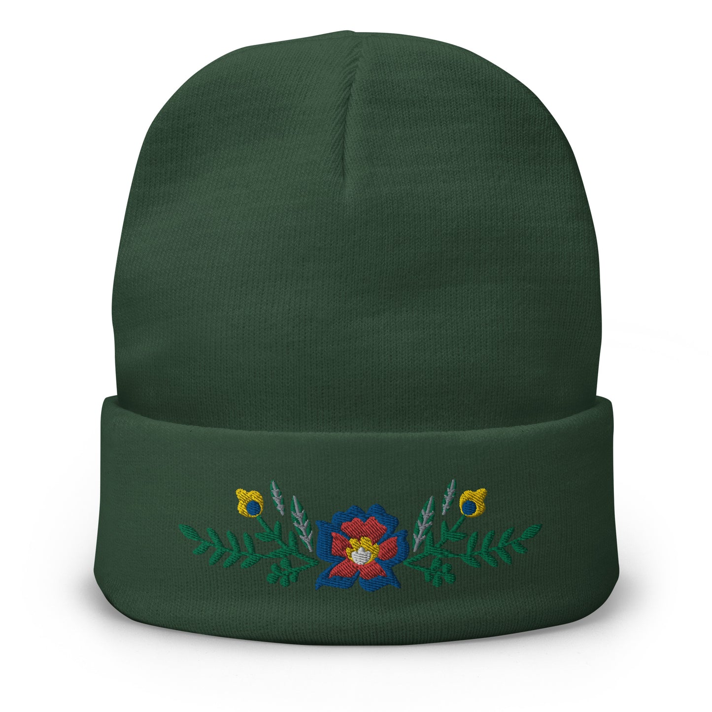 Knit Beanie - Scandinavian Floral - Machine Embroidered