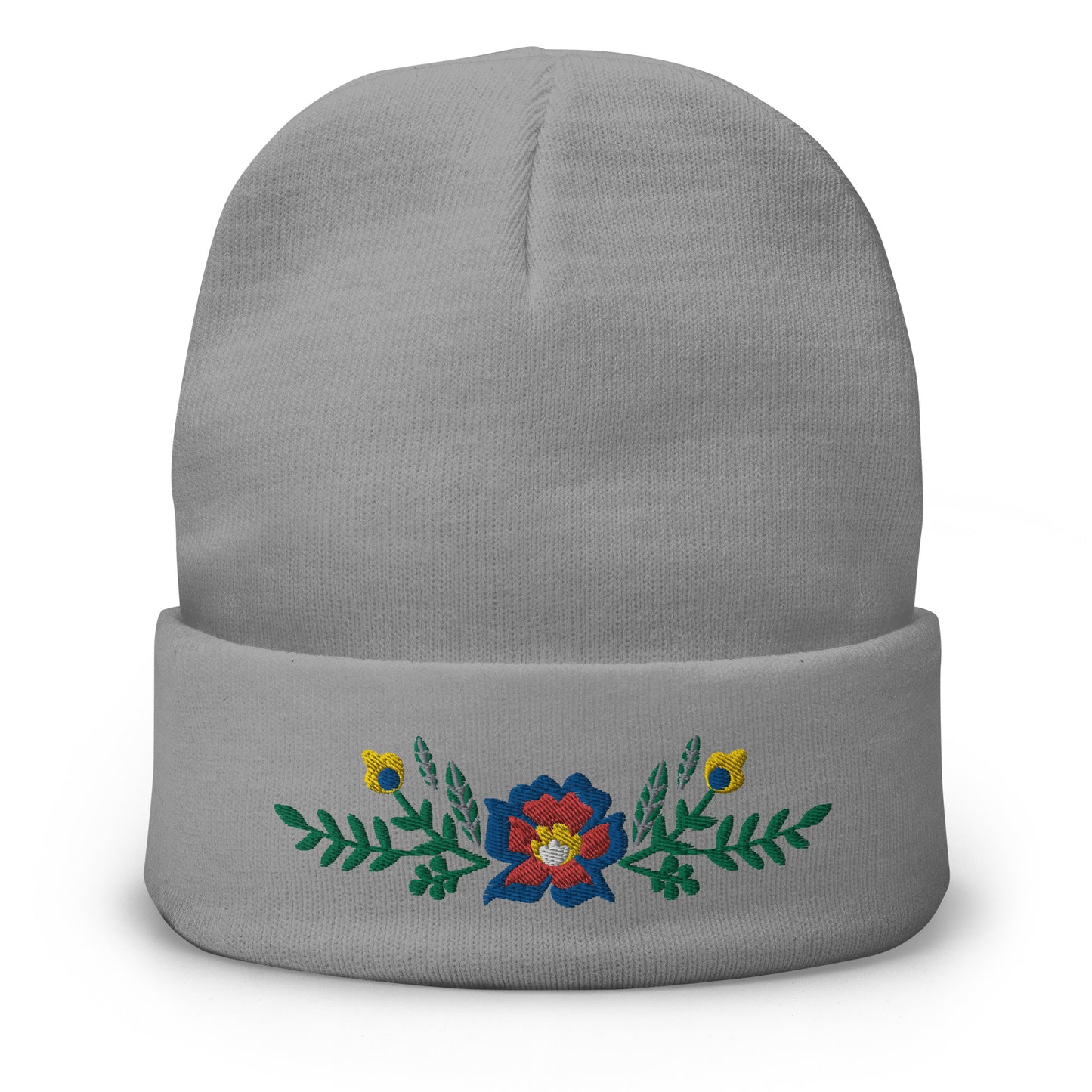 Knit Beanie - Scandinavian Floral - Machine Embroidered