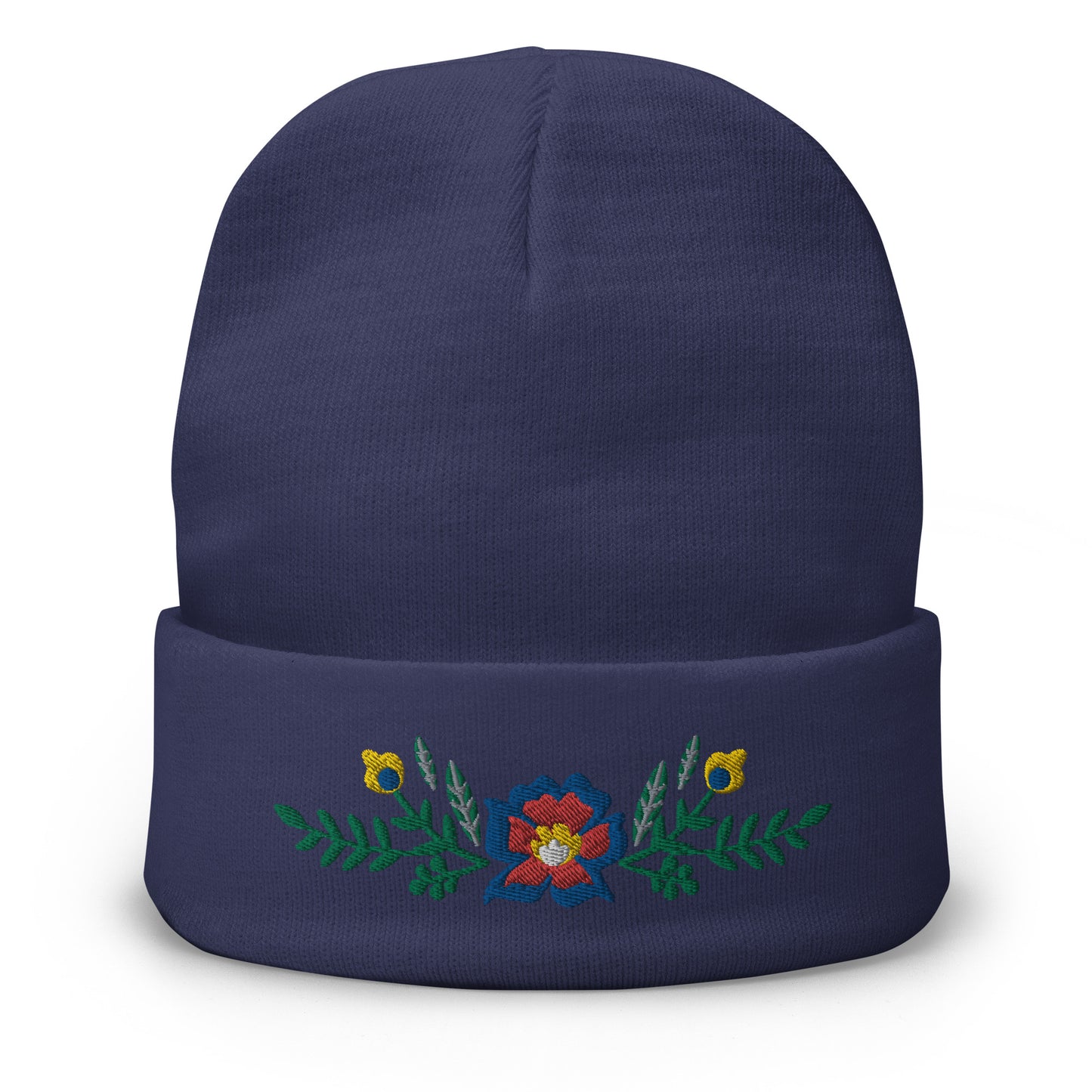 Knit Beanie - Scandinavian Floral - Machine Embroidered