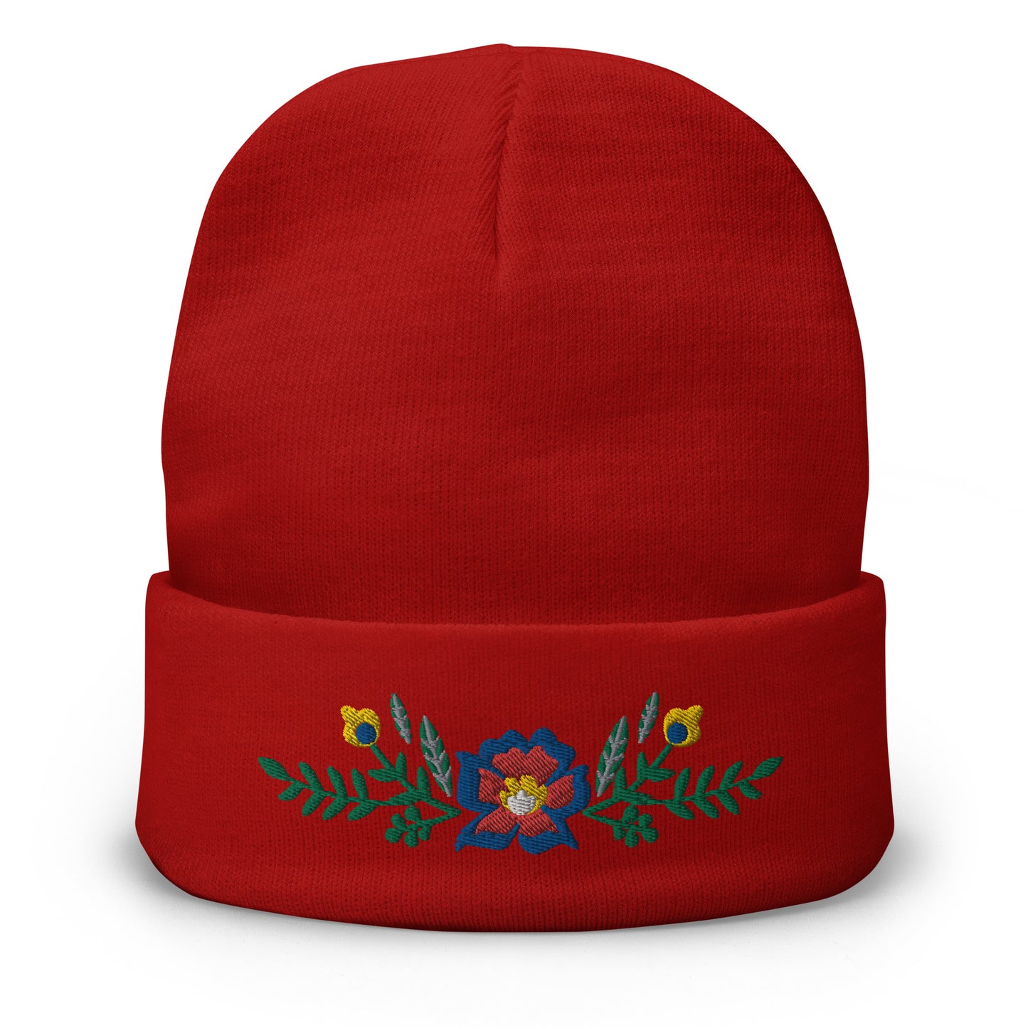 Knit Beanie - Scandinavian Floral - Machine Embroidered