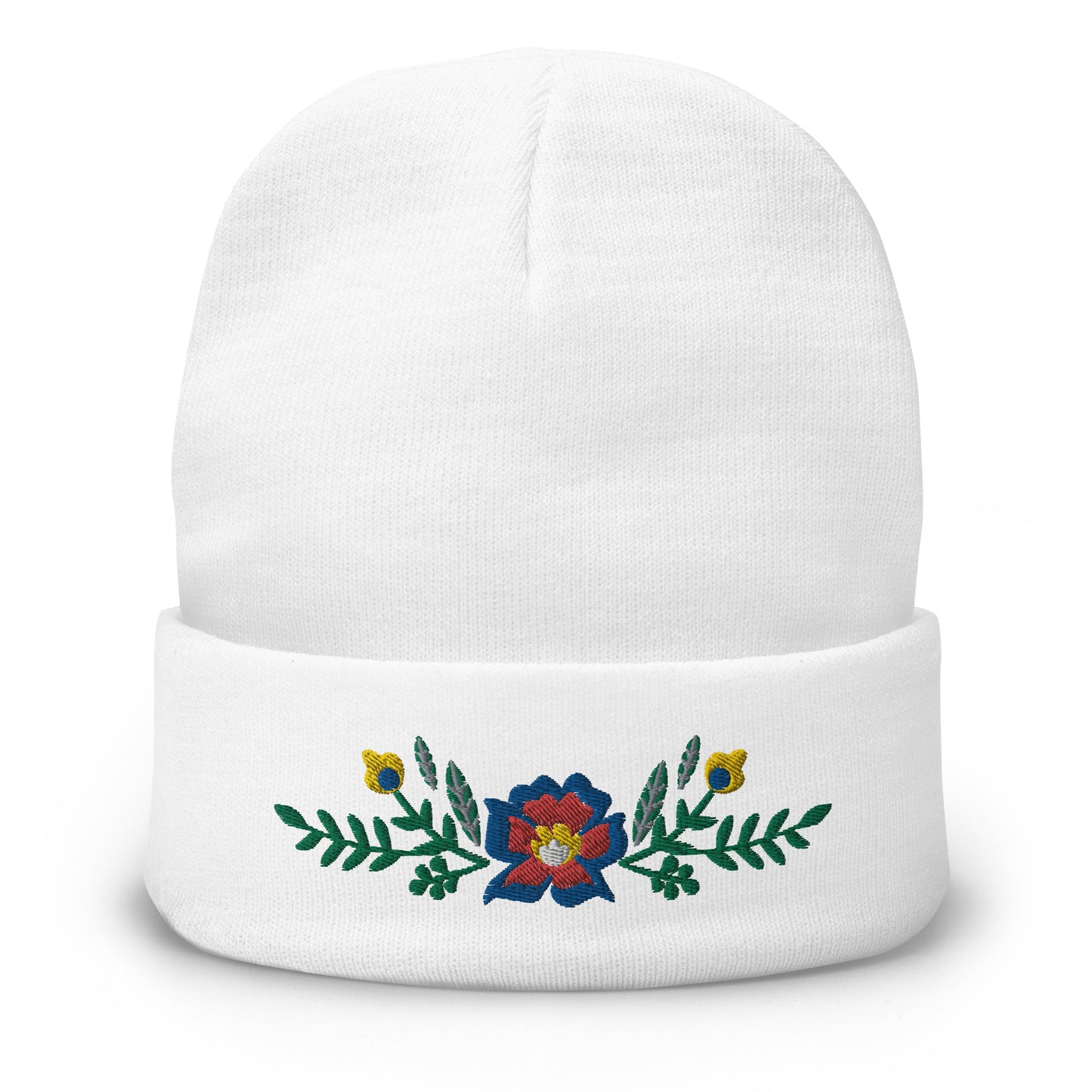 Knit Beanie - Scandinavian Floral - Machine Embroidered