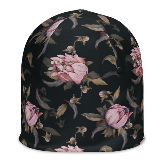 Dahlias - Black - Lightweight Printed Beanie