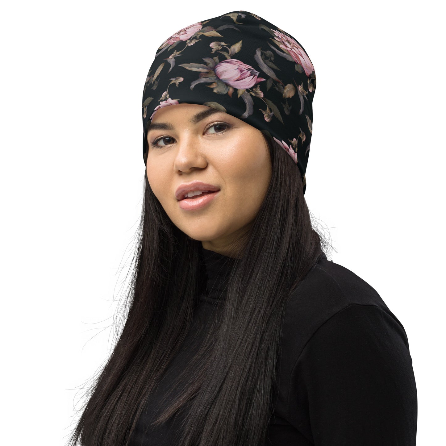 Dahlias - Black - Lightweight Printed Beanie