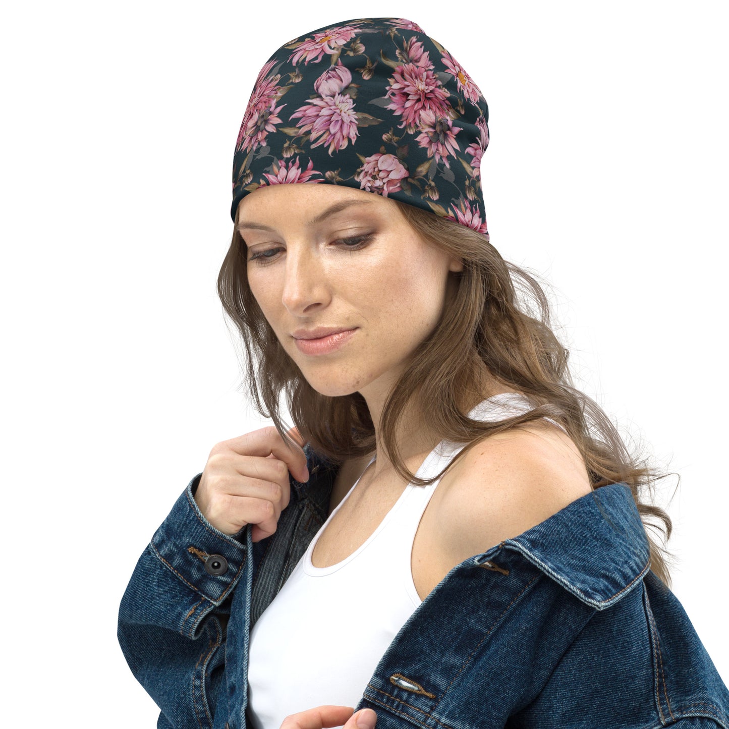 Dahlias  - Blue - Lightweight Printed Beanie