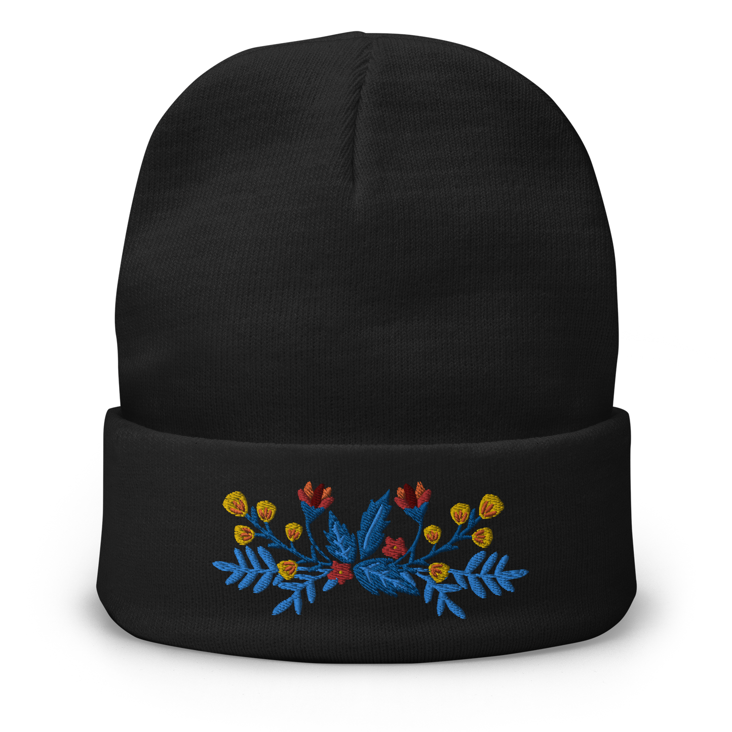 Knit Beanie - Scandinavian Floral - Machine Embroidered