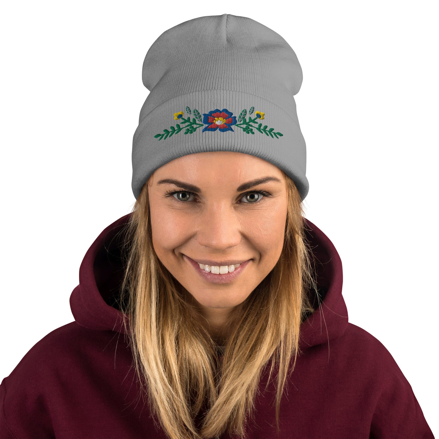 Knit Beanie - Scandinavian Floral -  Machine Embroidered