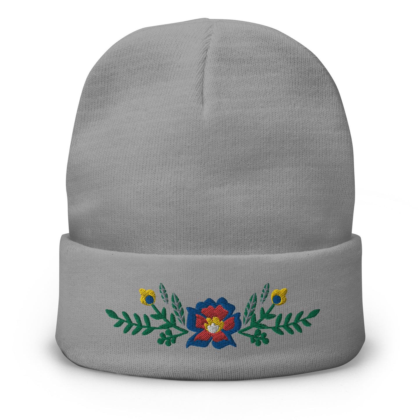 Knit Beanie - Scandinavian Floral -  Machine Embroidered