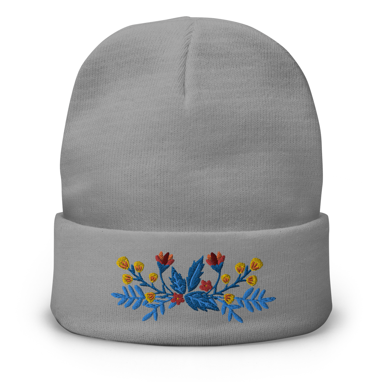 Knit Beanie - Scandinavian Floral - Machine Embroidered