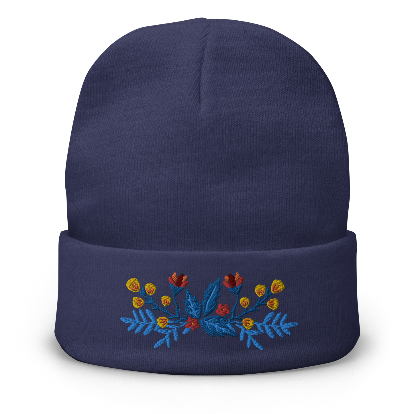 Knit Beanie - Scandinavian Floral - Machine Embroidered