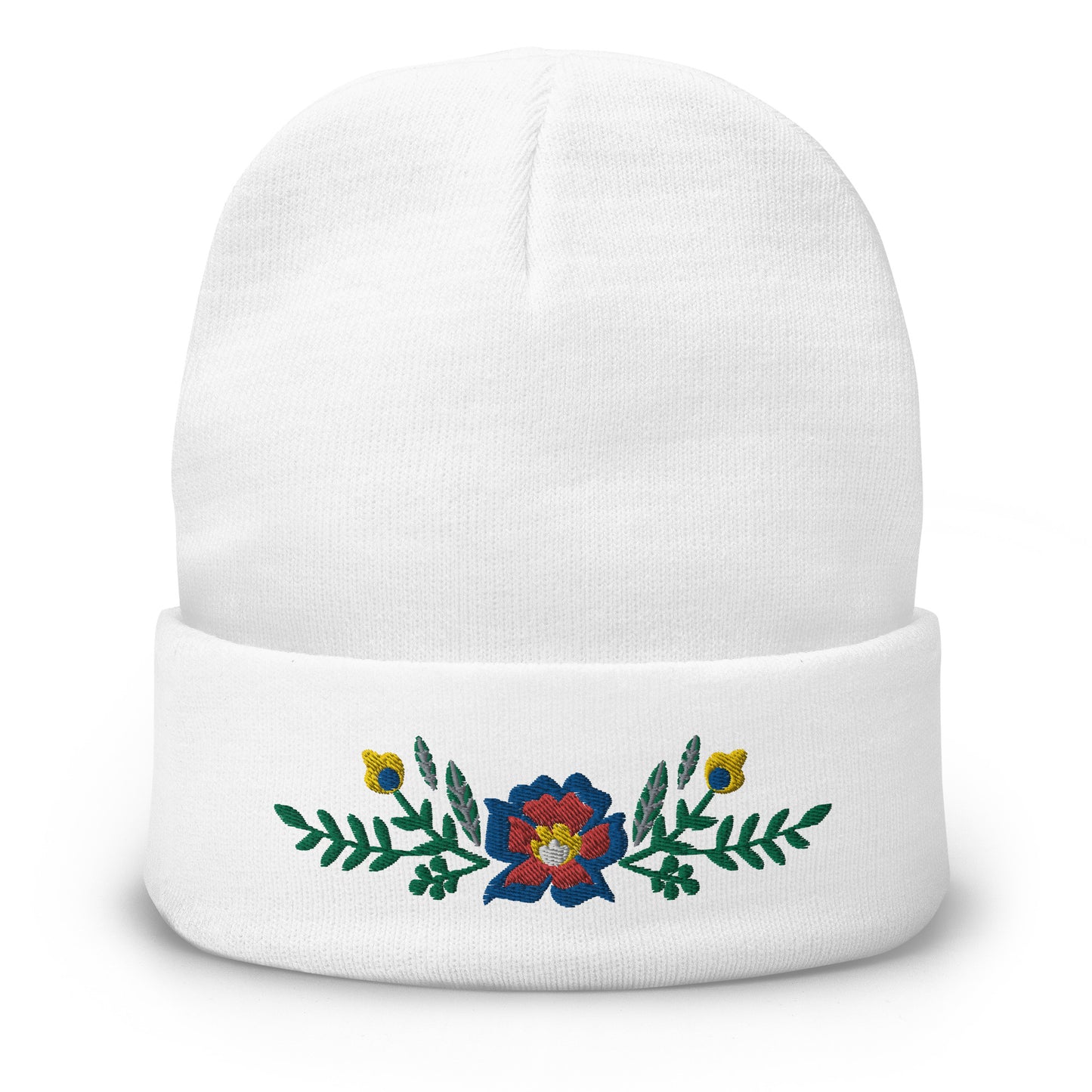 Knit Beanie - Scandinavian Floral -  Machine Embroidered