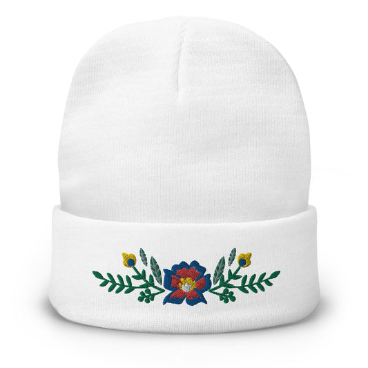 Knit Beanie - Scandinavian Floral -  Machine Embroidered