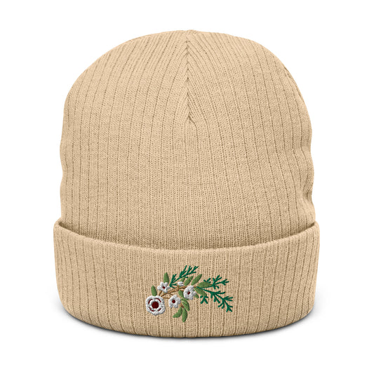 Winter Floral Ribbed Knit Beanie