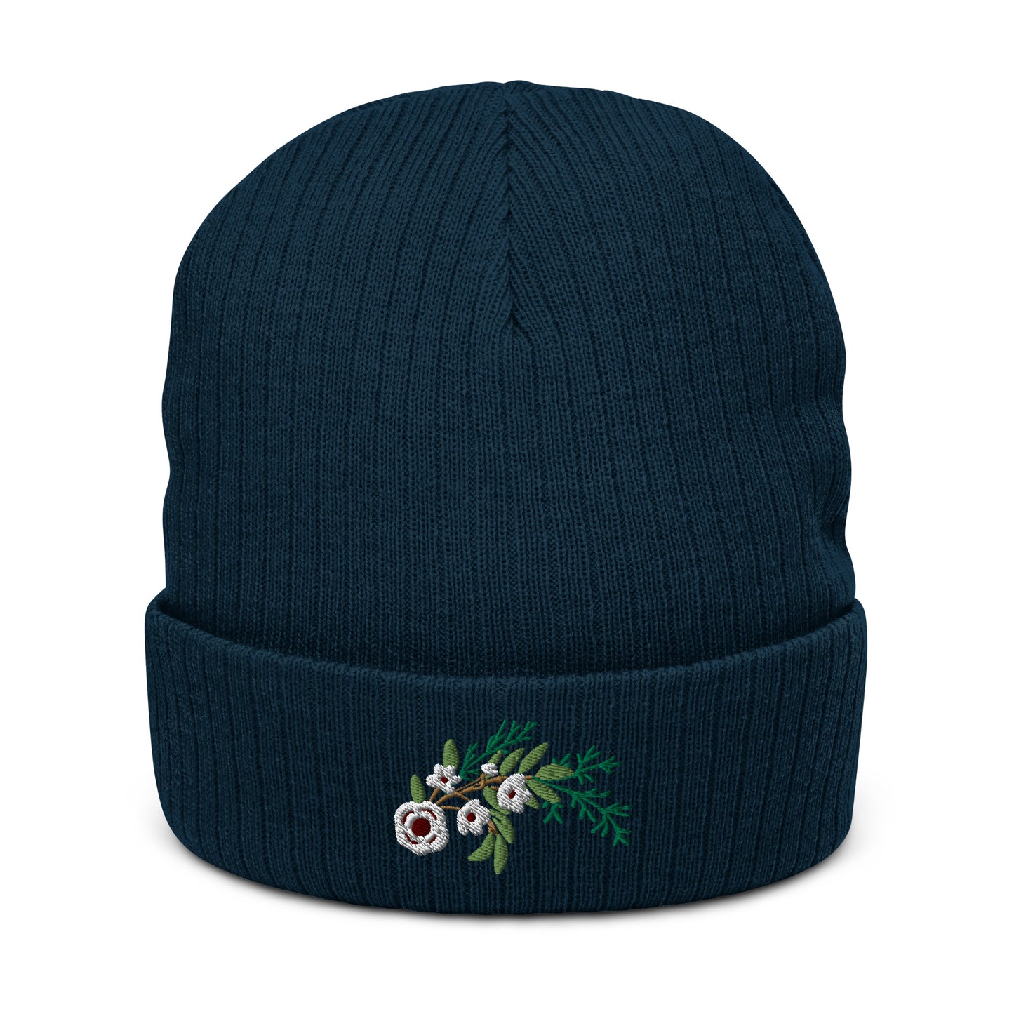 Winter Floral Ribbed Knit Beanie