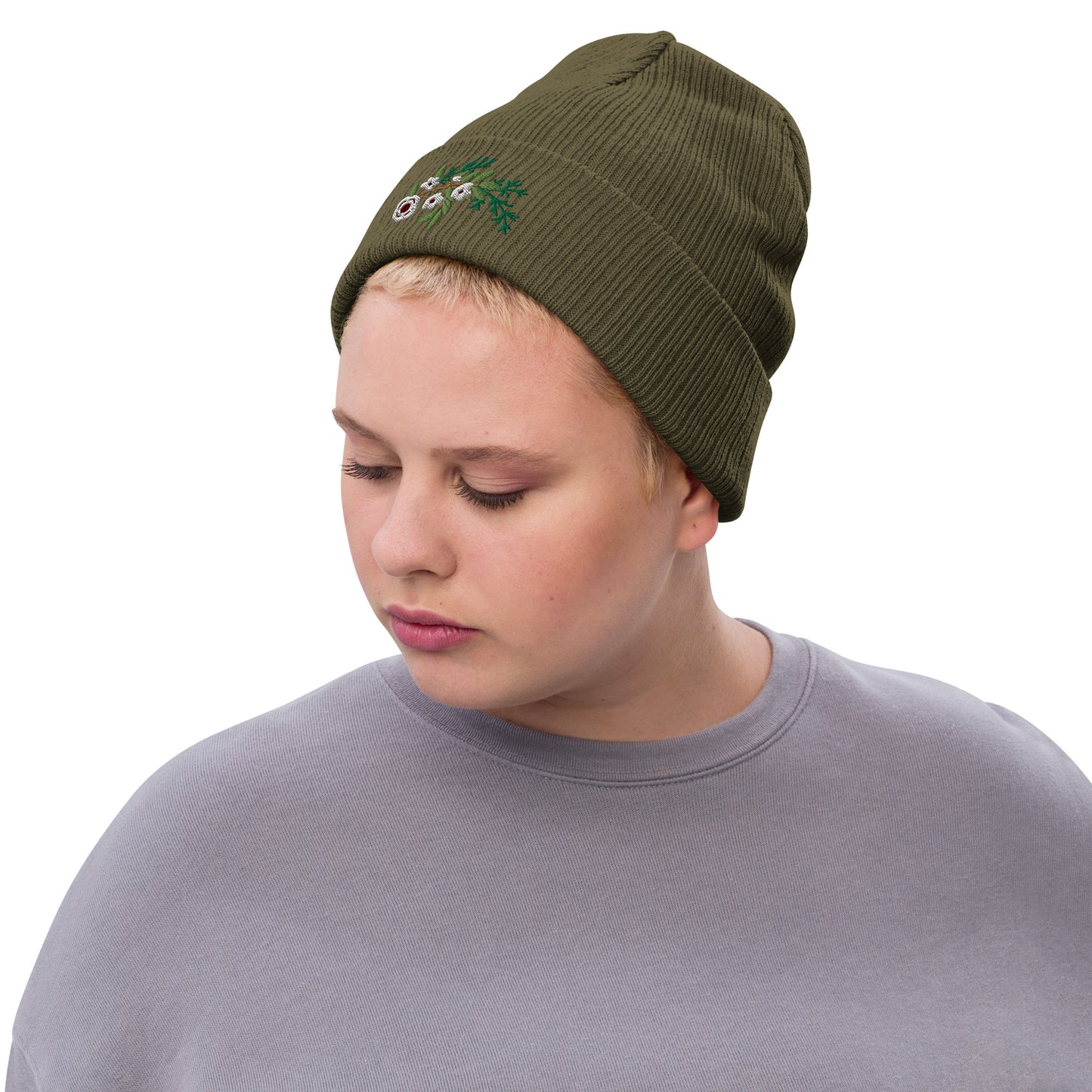 Winter Floral Ribbed Knit Beanie