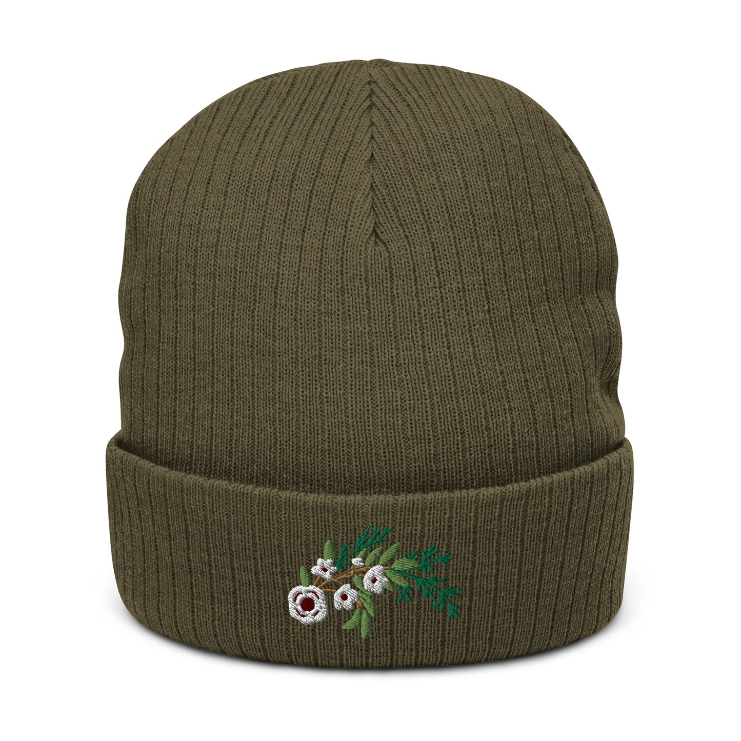 Winter Floral Ribbed Knit Beanie